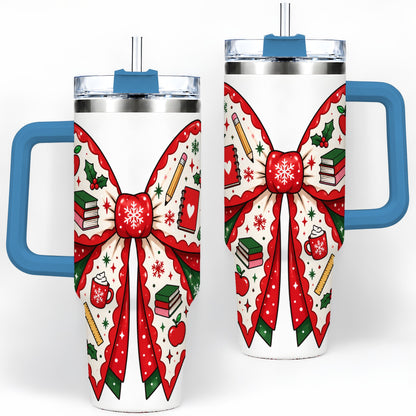 #pl[40oz|Blue] Festive Teacher Christmas Bow 40oz Tumbler, School Holiday Icons Artwork