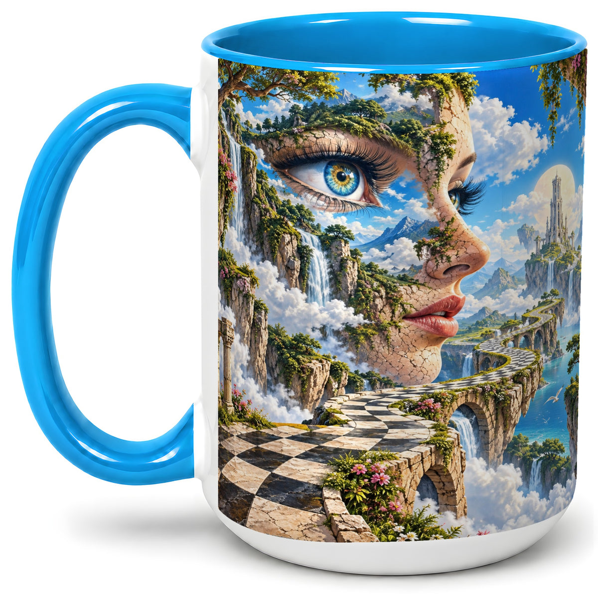 #pl[15oz|Blue] Surreal Fantasy Face Ceramic Mug, Waterfall Dreamscape Artwork