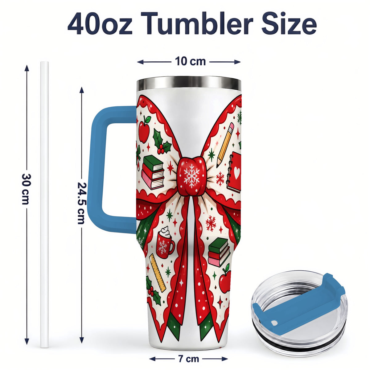 #pl[40oz|Blue] Festive Teacher Christmas Bow 40oz Tumbler, School Holiday Icons Artwork