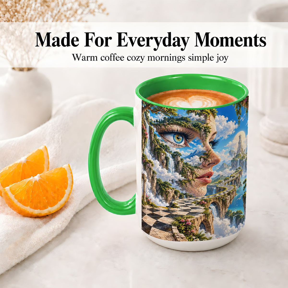 #pl[15oz|Green] Surreal Fantasy Face Ceramic Mug, Waterfall Dreamscape Artwork