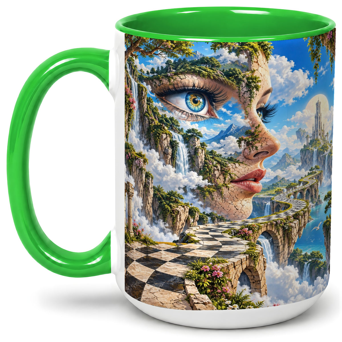 #pl[15oz|Green] Surreal Fantasy Face Ceramic Mug, Waterfall Dreamscape Artwork