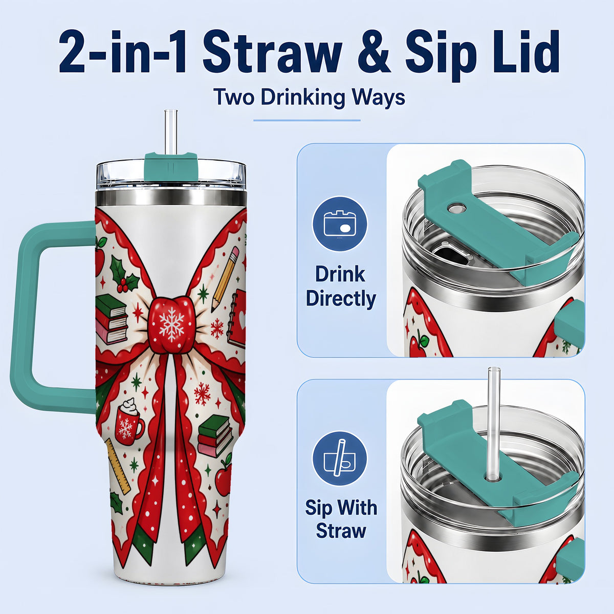 #pl[40oz|Green] Festive Teacher Christmas Bow 40oz Tumbler, School Holiday Icons Artwork