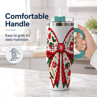 #pl[40oz|Green] Festive Teacher Christmas Bow 40oz Tumbler, School Holiday Icons Artwork