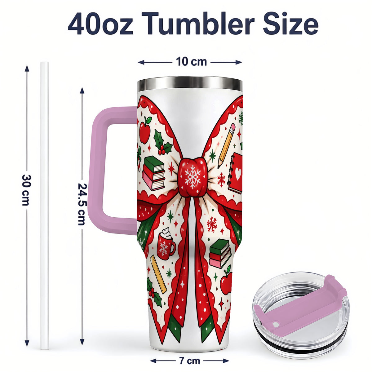 #pl[40oz|Pink] Festive Teacher Christmas Bow 40oz Tumbler, School Holiday Icons Artwork