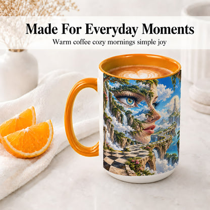 #pl[15oz|Orange] Surreal Fantasy Face Ceramic Mug, Waterfall Dreamscape Artwork