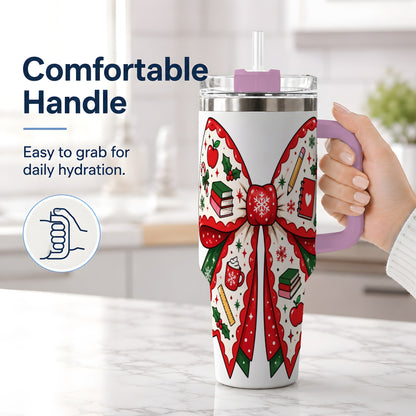 #pl[40oz|Pink] Festive Teacher Christmas Bow 40oz Tumbler, School Holiday Icons Artwork