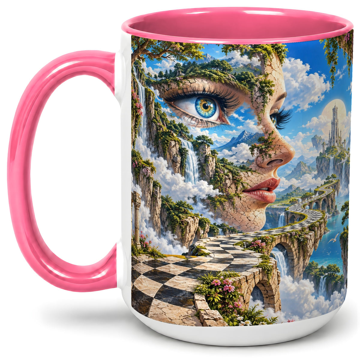 #pl[15oz|Pink] Surreal Fantasy Face Ceramic Mug, Waterfall Dreamscape Artwork