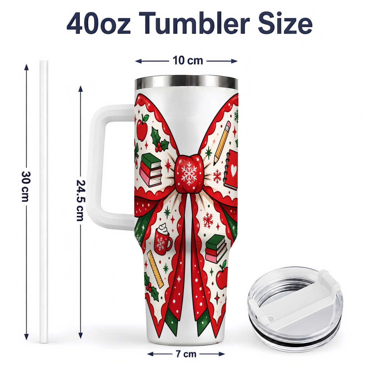 #pl[40oz|White] Festive Teacher Christmas Bow 40oz Tumbler, School Holiday Icons Artwork