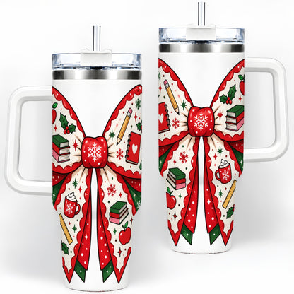 Festive Teacher Christmas Bow 40oz Tumbler, School Holiday Icons Artwork