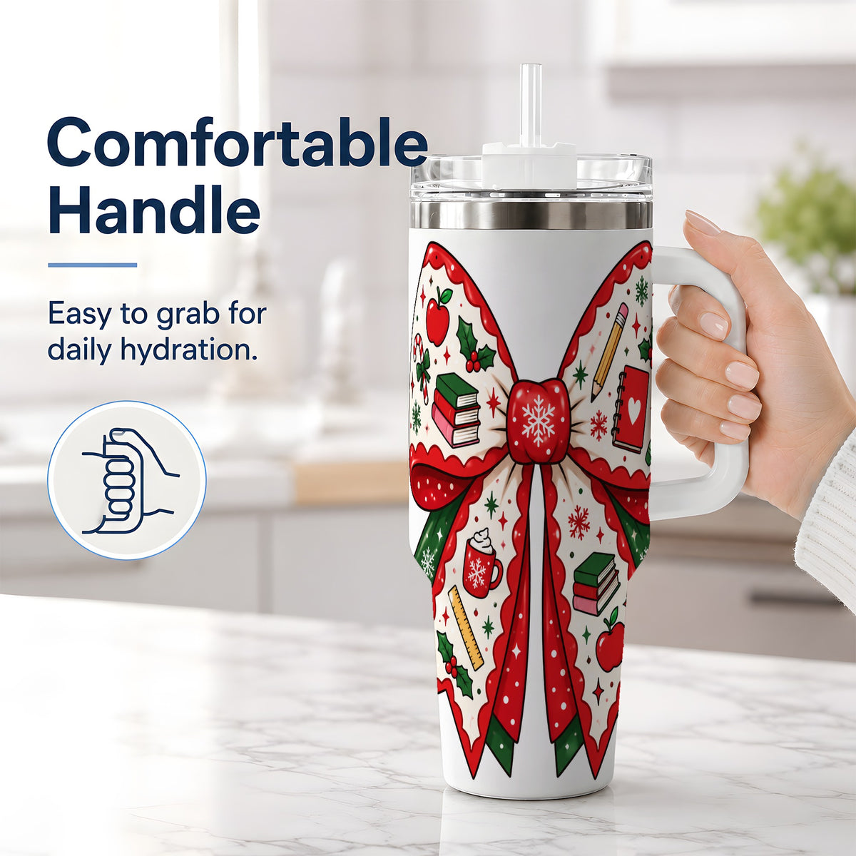 #pl[40oz|White] Festive Teacher Christmas Bow 40oz Tumbler, School Holiday Icons Artwork