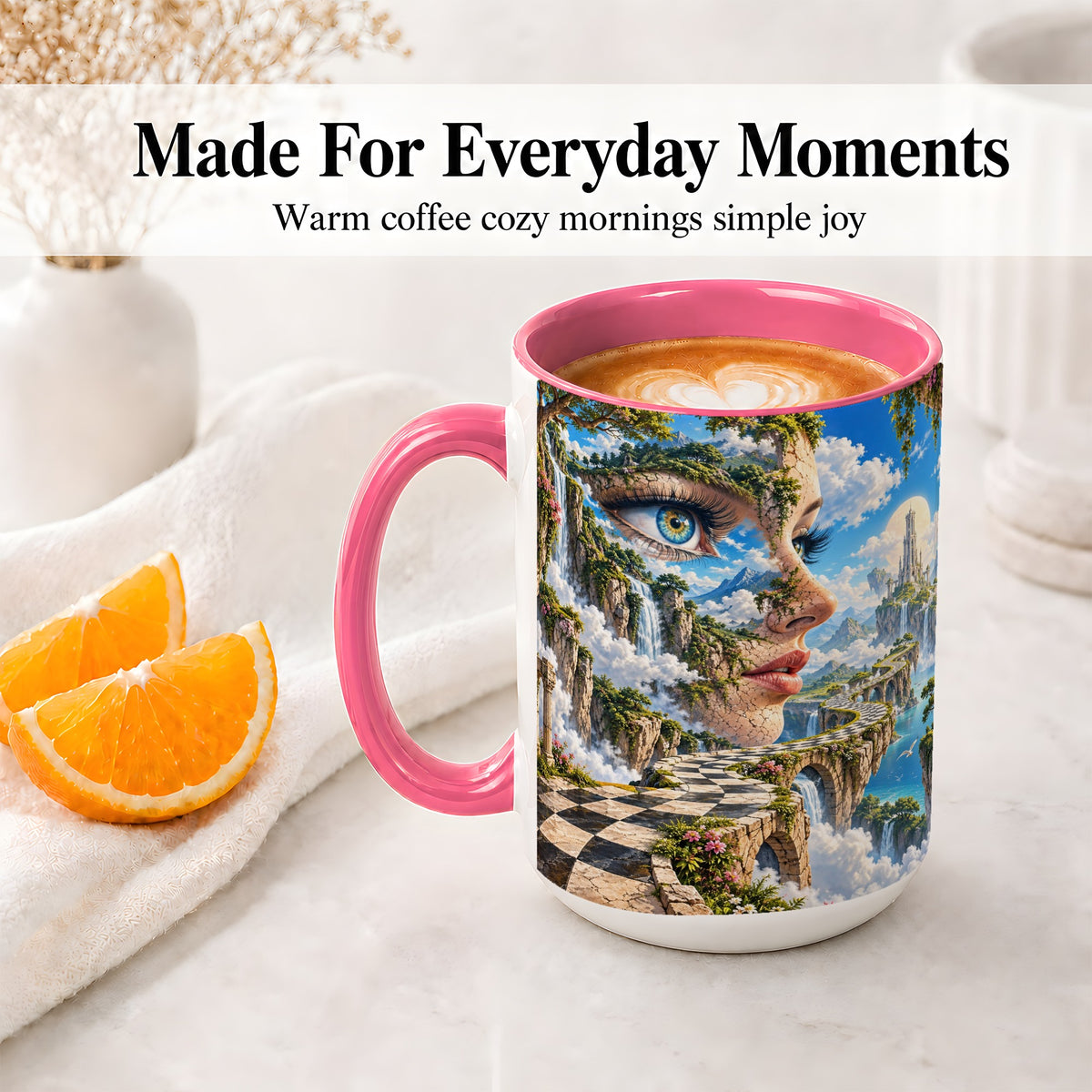 #pl[15oz|Pink] Surreal Fantasy Face Ceramic Mug, Waterfall Dreamscape Artwork