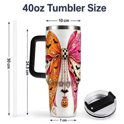 #pl[40oz|Black] Pink Orange Halloween Bow 40oz Tumbler, Bat Web Pumpkin Icon Artwork