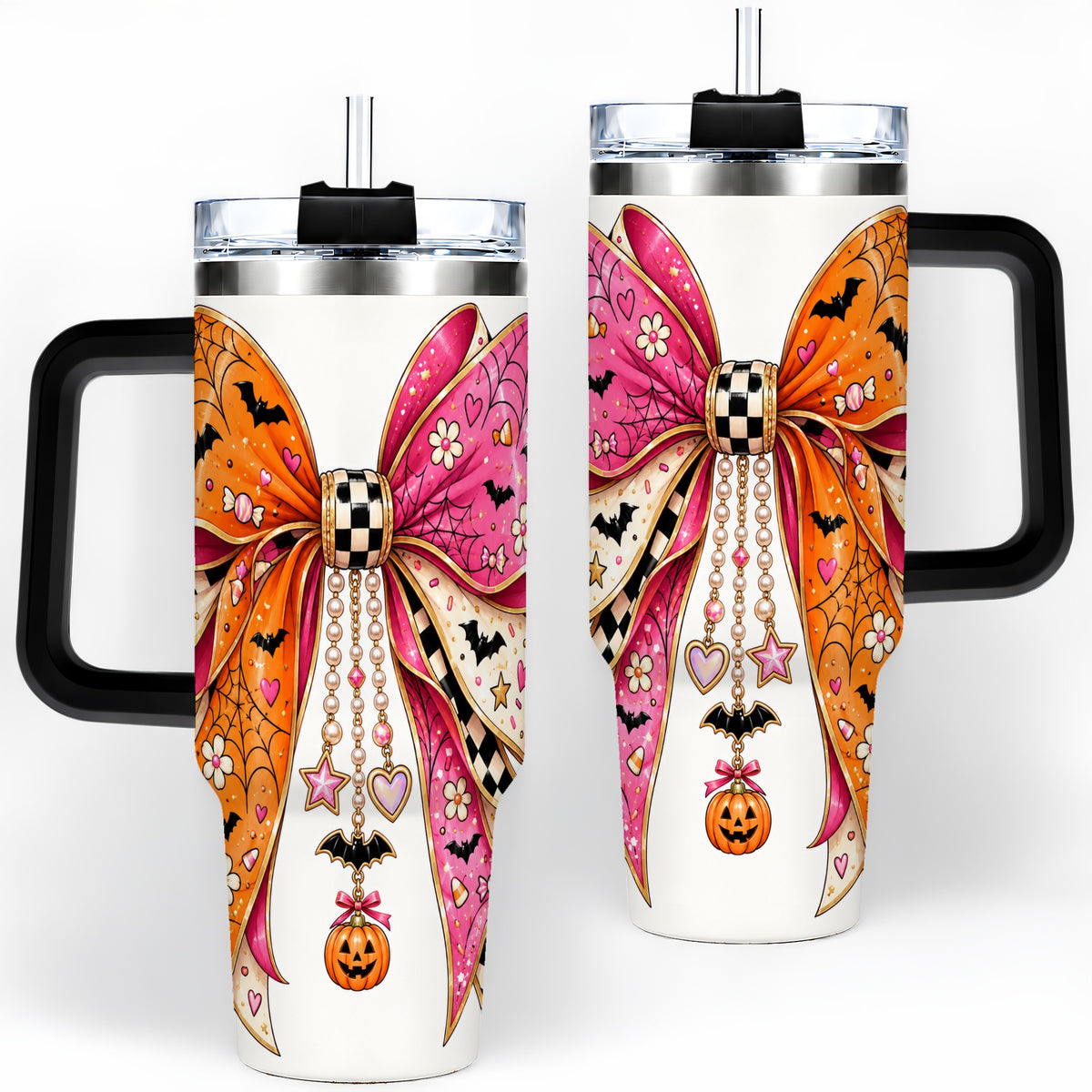 #pl[40oz|Black] Pink Orange Halloween Bow 40oz Tumbler, Bat Web Pumpkin Icon Artwork