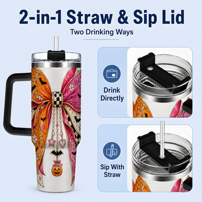 #pl[40oz|Black] Pink Orange Halloween Bow 40oz Tumbler, Bat Web Pumpkin Icon Artwork