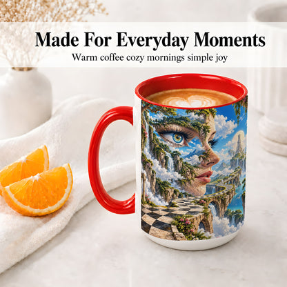 #pl[15oz|Red] Surreal Fantasy Face Ceramic Mug, Waterfall Dreamscape Artwork