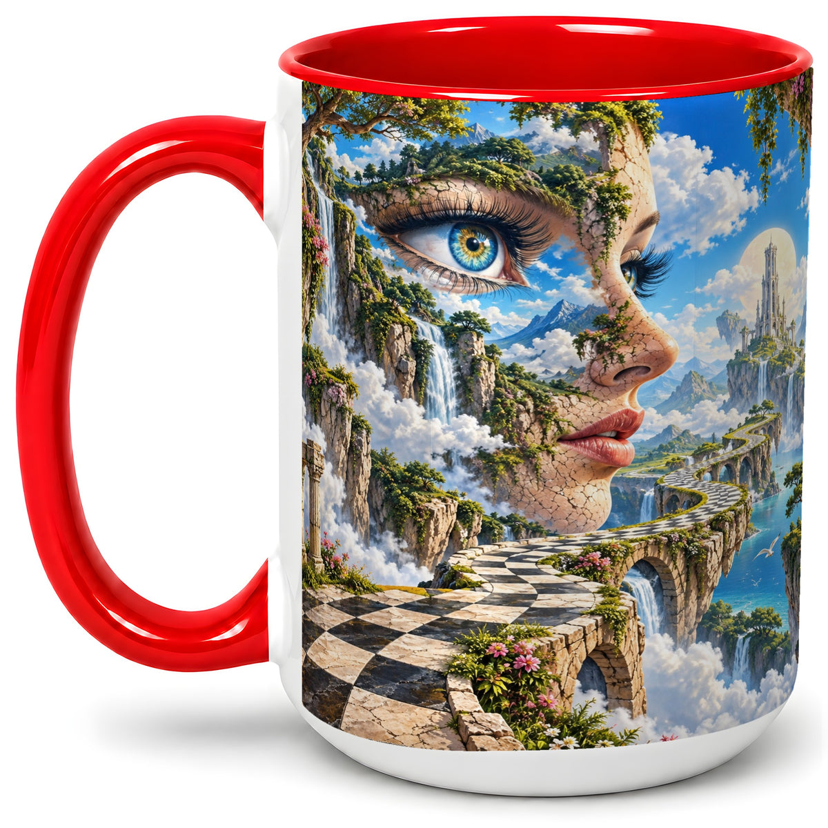 #pl[15oz|Red] Surreal Fantasy Face Ceramic Mug, Waterfall Dreamscape Artwork