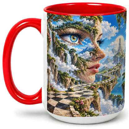 #pl[15oz|Red] Surreal Fantasy Face Ceramic Mug, Waterfall Dreamscape Artwork