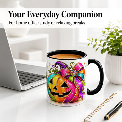 #pl[11oz|Black] Rainbow Halloween Pumpkin Ceramic Mug, Jewel-Inspired Bow Artwork