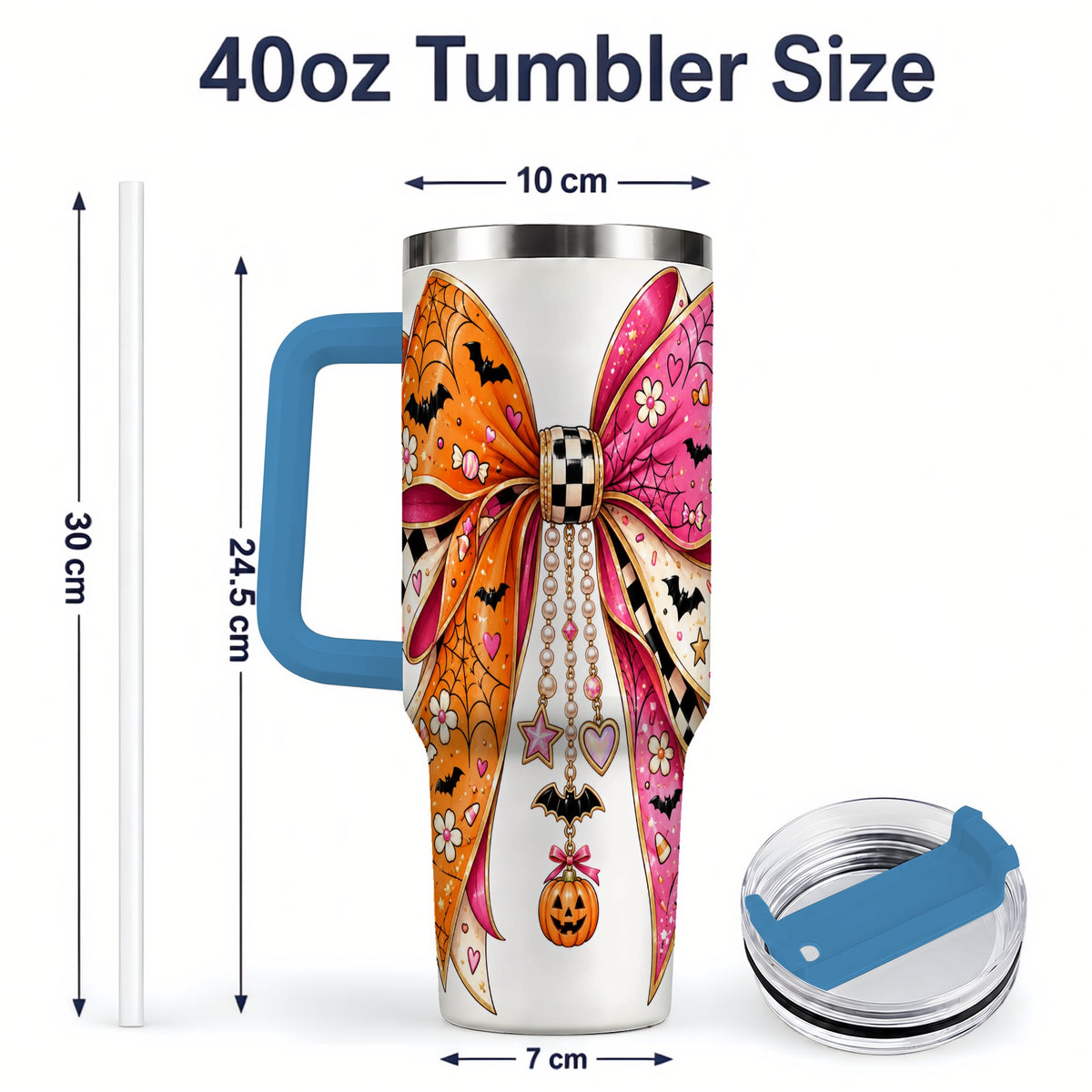 #pl[40oz|Blue] Pink Orange Halloween Bow 40oz Tumbler, Bat Web Pumpkin Icon Artwork