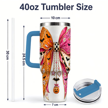 #pl[40oz|Blue] Pink Orange Halloween Bow 40oz Tumbler, Bat Web Pumpkin Icon Artwork