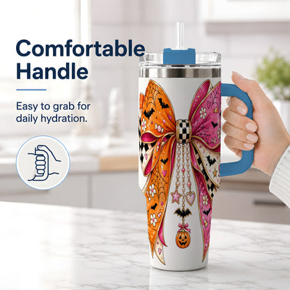 #pl[40oz|Blue] Pink Orange Halloween Bow 40oz Tumbler, Bat Web Pumpkin Icon Artwork