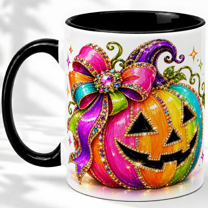 #pl[11oz|Black] Rainbow Halloween Pumpkin Ceramic Mug, Jewel-Inspired Bow Artwork