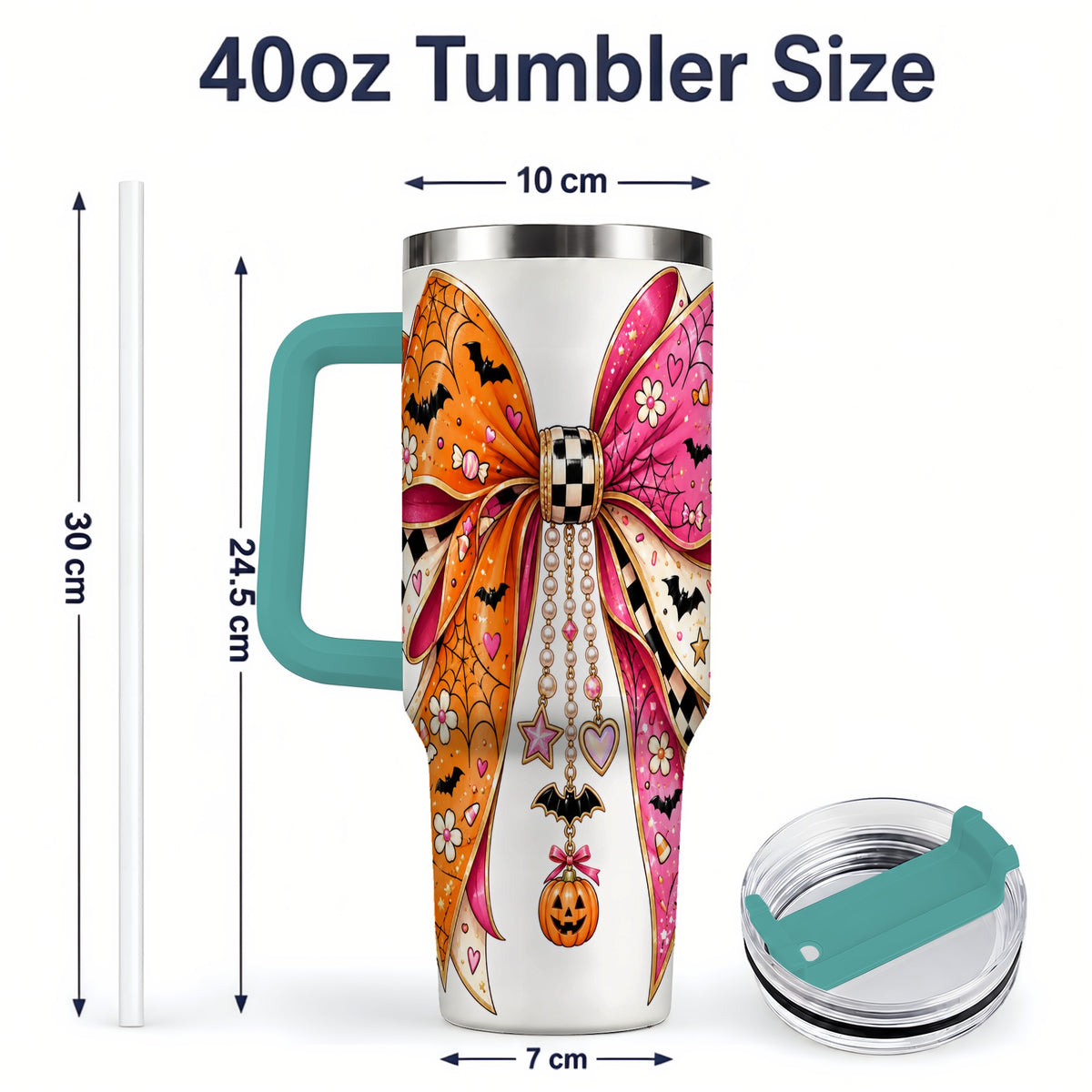 #pl[40oz|Green] Pink Orange Halloween Bow 40oz Tumbler, Bat Web Pumpkin Icon Artwork