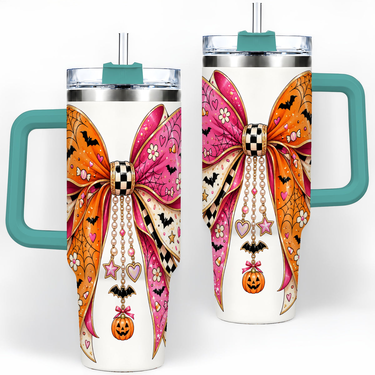 #pl[40oz|Green] Pink Orange Halloween Bow 40oz Tumbler, Bat Web Pumpkin Icon Artwork