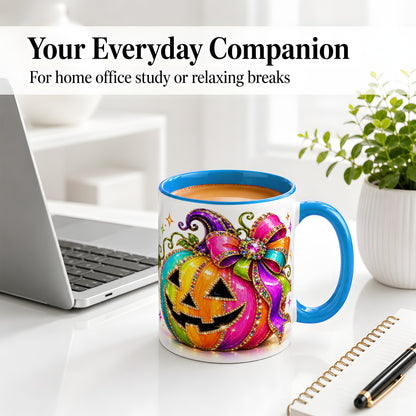 #pl[11oz|Blue] Rainbow Halloween Pumpkin Ceramic Mug, Jewel-Inspired Bow Artwork