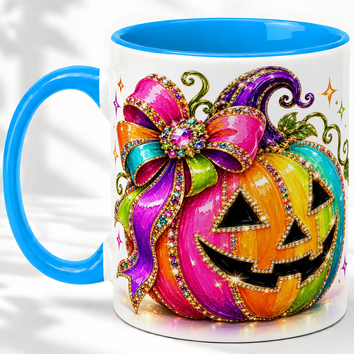 #pl[11oz|Blue] Rainbow Halloween Pumpkin Ceramic Mug, Jewel-Inspired Bow Artwork