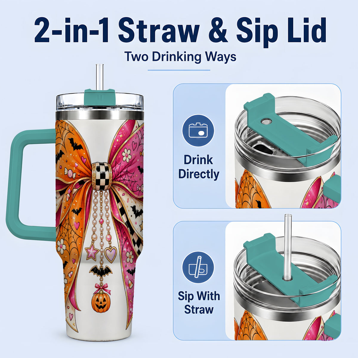 #pl[40oz|Green] Pink Orange Halloween Bow 40oz Tumbler, Bat Web Pumpkin Icon Artwork