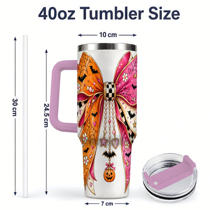 #pl[40oz|Pink] Pink Orange Halloween Bow 40oz Tumbler, Bat Web Pumpkin Icon Artwork