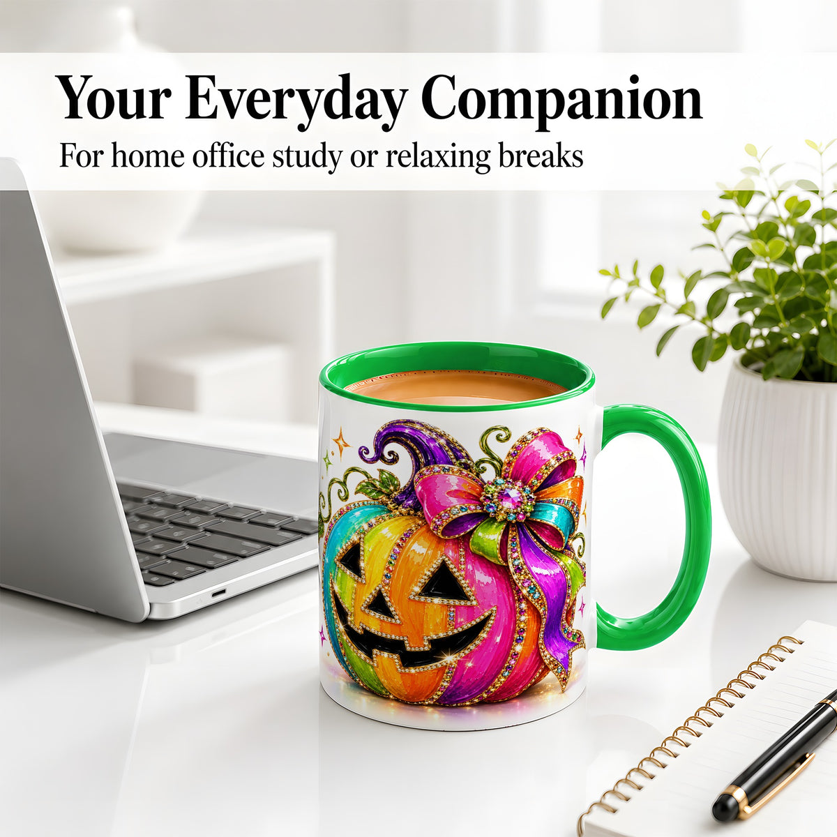 #pl[11oz|Green] Rainbow Halloween Pumpkin Ceramic Mug, Jewel-Inspired Bow Artwork