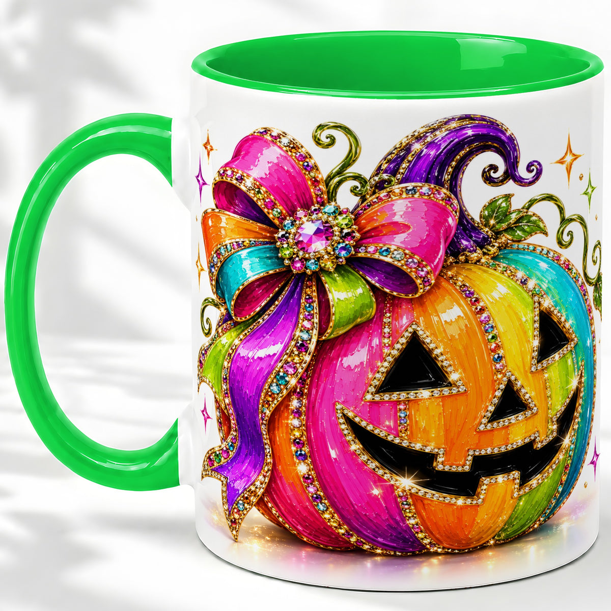 #pl[11oz|Green] Rainbow Halloween Pumpkin Ceramic Mug, Jewel-Inspired Bow Artwork