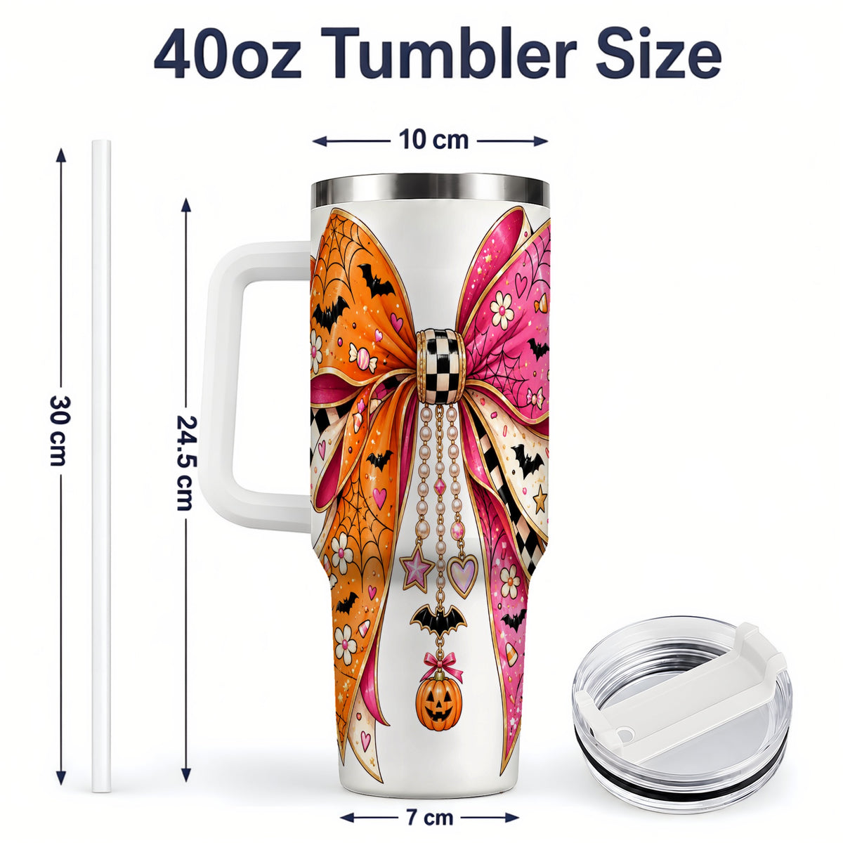 #pl[40oz|White] Pink Orange Halloween Bow 40oz Tumbler, Bat Web Pumpkin Icon Artwork