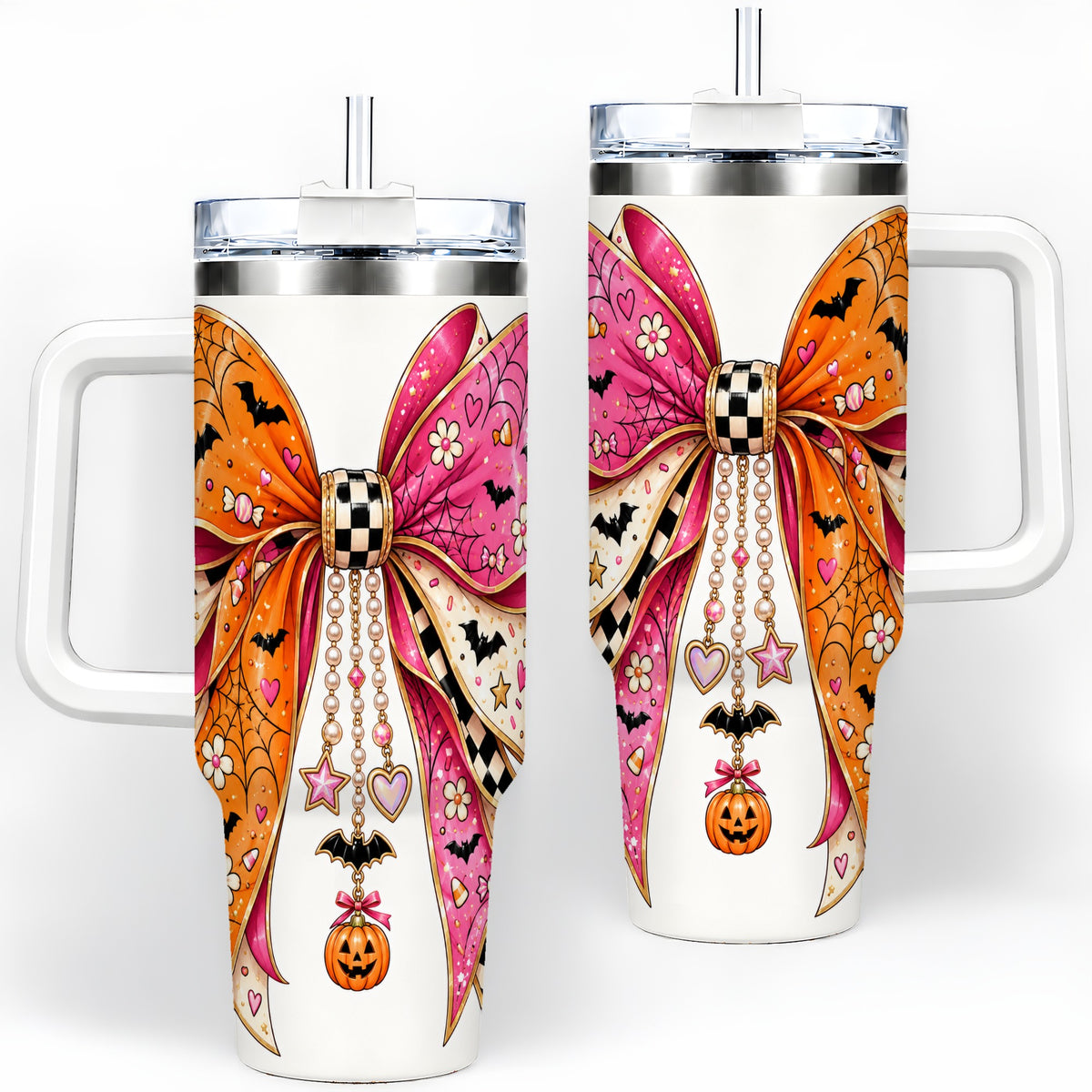 Pink Orange Halloween Bow 40oz Tumbler, Bat Web Pumpkin Icon Artwork