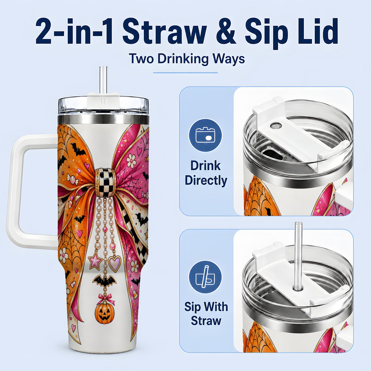 #pl[40oz|White] Pink Orange Halloween Bow 40oz Tumbler, Bat Web Pumpkin Icon Artwork