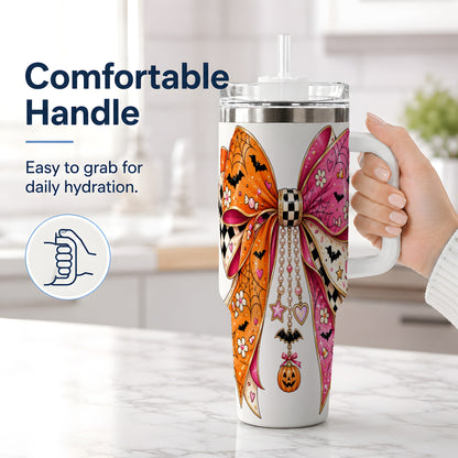 #pl[40oz|White] Pink Orange Halloween Bow 40oz Tumbler, Bat Web Pumpkin Icon Artwork