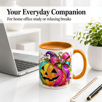 #pl[11oz|Orange] Rainbow Halloween Pumpkin Ceramic Mug, Jewel-Inspired Bow Artwork