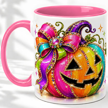 #pl[11oz|Pink] Rainbow Halloween Pumpkin Ceramic Mug, Jewel-Inspired Bow Artwork