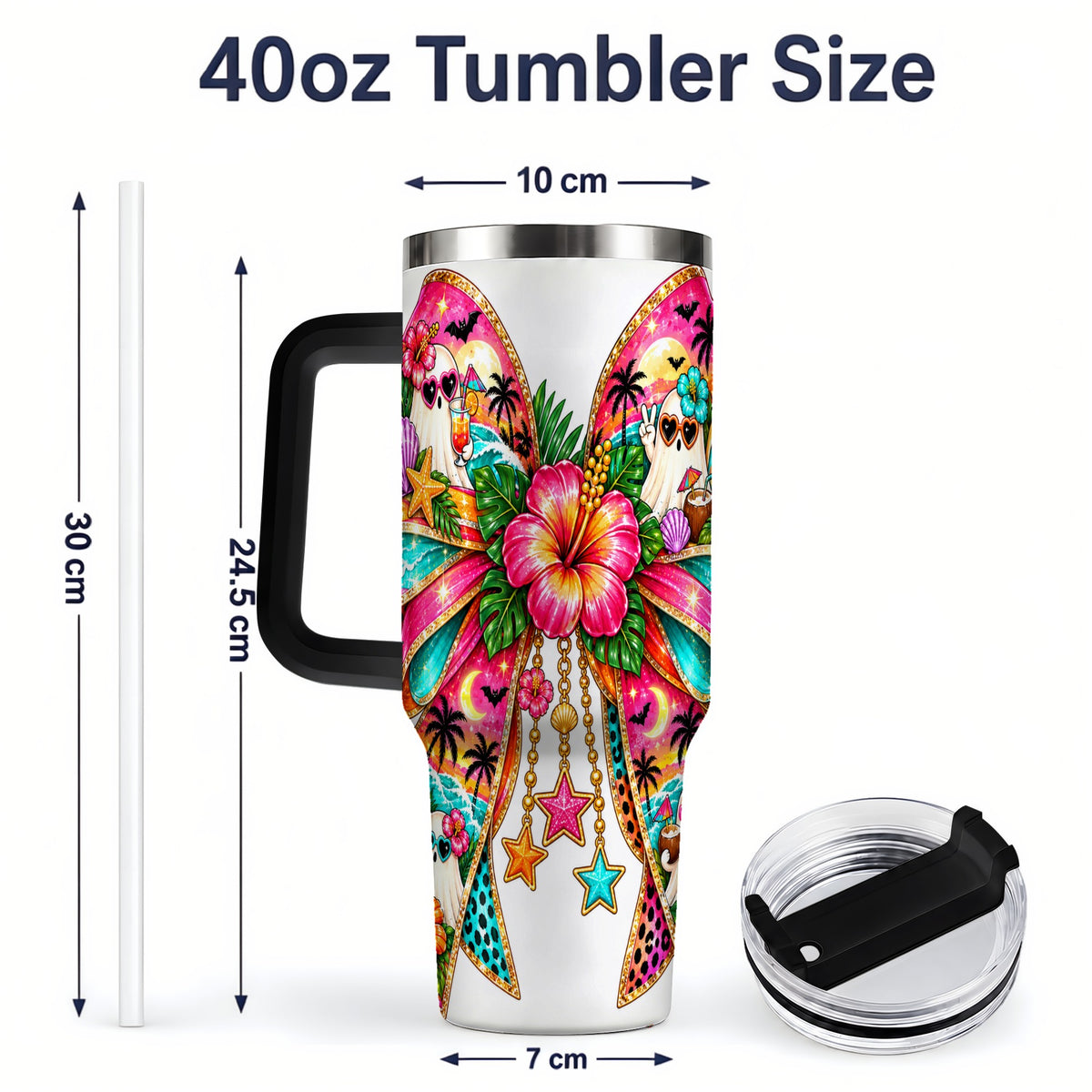 #pl[40oz|Black] Tropical Ghost Bow 40oz Tumbler, Stainless Steel Beach Halloween Art
