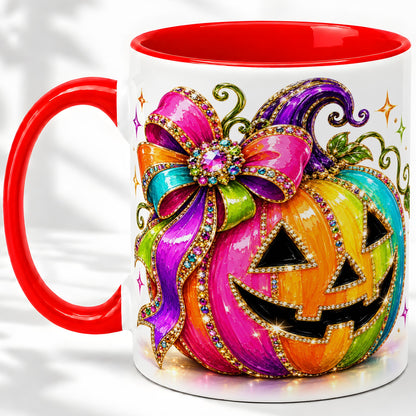 Rainbow Halloween Pumpkin Ceramic Mug, Jewel-Inspired Bow Artwork
