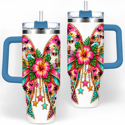 #pl[40oz|Blue] Tropical Ghost Bow 40oz Tumbler, Stainless Steel Beach Halloween Art