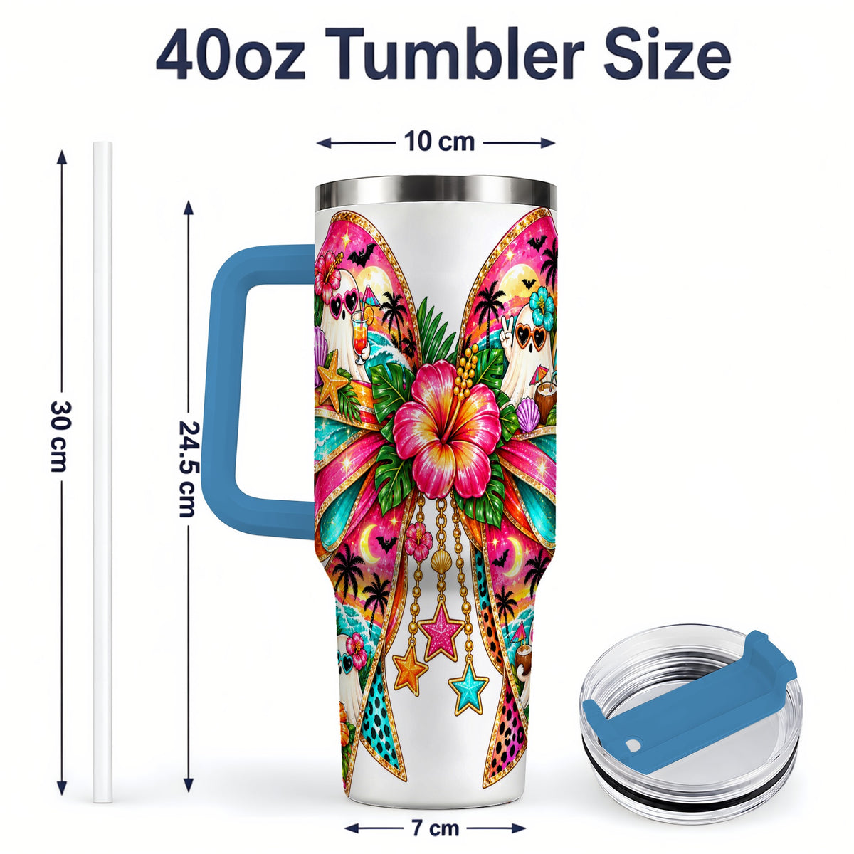 #pl[40oz|Blue] Tropical Ghost Bow 40oz Tumbler, Stainless Steel Beach Halloween Art