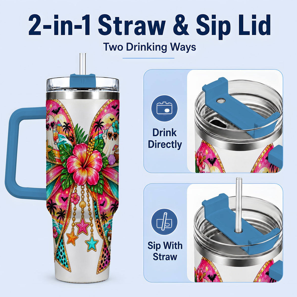 #pl[40oz|Blue] Tropical Ghost Bow 40oz Tumbler, Stainless Steel Beach Halloween Art