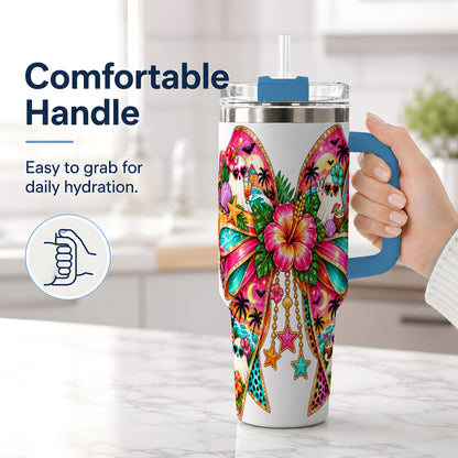 #pl[40oz|Blue] Tropical Ghost Bow 40oz Tumbler, Stainless Steel Beach Halloween Art