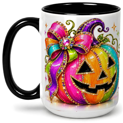 #pl[15oz|Black] Rainbow Halloween Pumpkin Ceramic Mug, Jewel-Inspired Bow Artwork