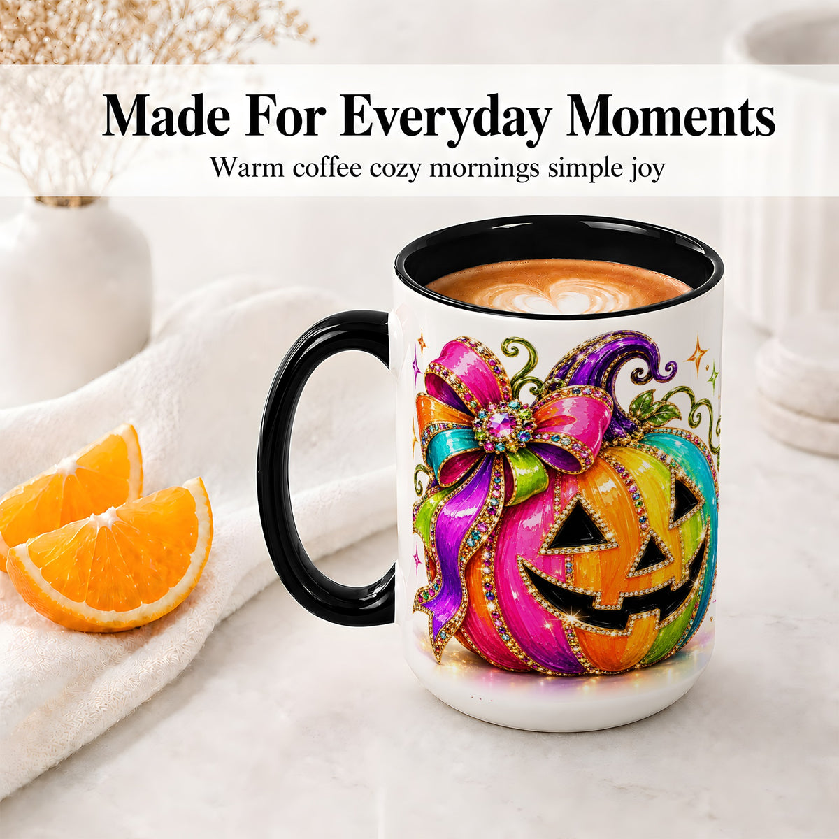 #pl[15oz|Black] Rainbow Halloween Pumpkin Ceramic Mug, Jewel-Inspired Bow Artwork