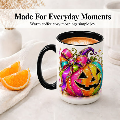 #pl[15oz|Black] Rainbow Halloween Pumpkin Ceramic Mug, Jewel-Inspired Bow Artwork