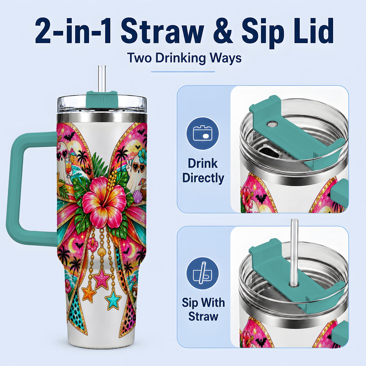#pl[40oz|Green] Tropical Ghost Bow 40oz Tumbler, Stainless Steel Beach Halloween Art